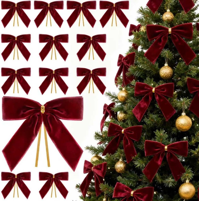 REDWORD 30PCs Burgundy Bows for Christmas Tree, 3.5 x 3.5 Inch Burgundy Velvet Bows Vintage Xmas Velvet Ribbon Bow Holiday Ornaments for Christmas Decoration Holiday Decor, Gift Wrapping and Wedding - Image 1